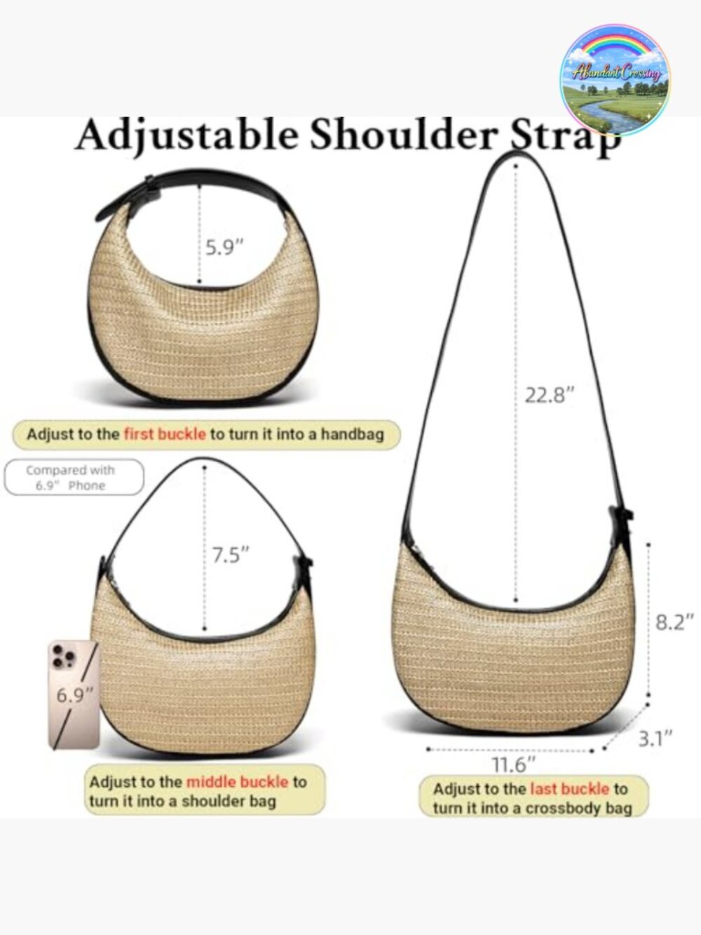 Handwoven Straw Crossbody Bag Hobo Shoulder Purse Adjustable Strap Bohemian - Picture 5 of 7